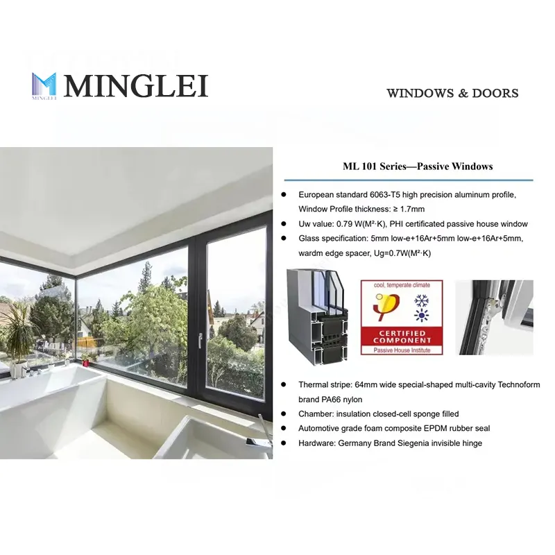 Minglei German standard aluminum tilt and turn passive window quadruple pane windows