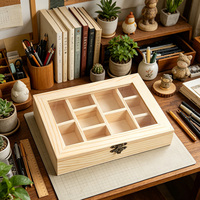 Boîte en bois avec couvercle en verre, 9 compartiments, coffre à thé en pin brut, organisateur de bijoux en bois non fini, vitrine décorative à couvercle articulé