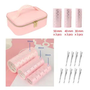 库存粉色铝芯卷发器套装3带粉色储物袋塑料天鹅绒卷发器卷发器