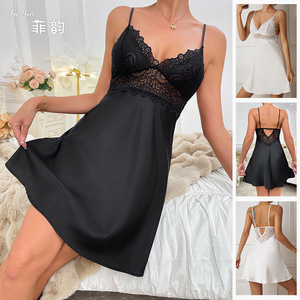 <span class=keywords><strong>Camicia</strong></span> <span class=keywords><strong>da</strong></span> <span class=keywords><strong>Notte</strong></span> Babydoll in Raso con Inserti in Pizzo, Sottoveste Senza Schienale con Spalline Sottili, Abito Sexy Lingerie per Dormire - Product Image 2