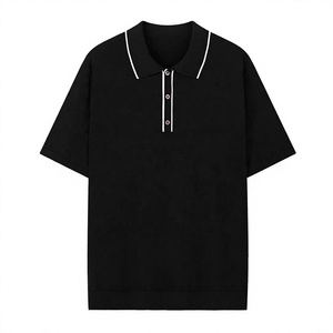 Polo à manches courtes pour homme, noir, couleur unie, tissu en coton, design boutonné décontracté, coupe classique - Product Image 1