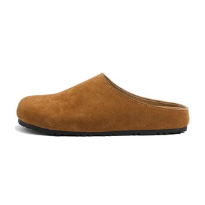 Gray <b>Suede</b> Slip-On <b>Mules</b> With Round Toe And Black Rubber Sole Comfortable <b>Flat</b> Shoes For Everyday Wear - Product Image 2