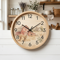 Jam Dinding Kayu Bulat Motif Eucalyptus Sage Botani Kustom 25cm 10 Inci Jam Dinding Cat Air OEM ODM Dekorasi Kamar Tidur