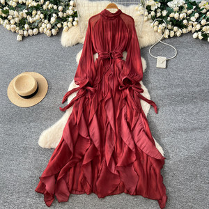 <strong>Romantic</strong> Bow <strong>Dress</strong> Women Long Sleeve Ruffle Hem Knit Waist Tie Elegant Gown Fall Winter Fashion - Product Image 3