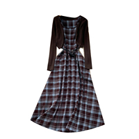 Ensemble deux pièces pour femme, robe à carreaux vintage preppy et cardigan en tricot, pour l'automne, tenue de travail