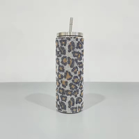 20oz rose vif bleu noir arc-en-ciel léopard strass double paroi isolé sous vide paillettes strass paille tasses