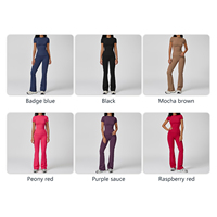 D-TZ8455 + 8519-3 Combinaison de fitness à séchage rapide pour femmes Sports d'été Genou Yoga Top & Bell Bottom Short de course à manches courtes