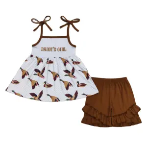 Roupas de papai para meninas, roupas de pato para bebês, shorts de manga curta marrom, roupas infantis de leopardo, conjunto boutique por atacado