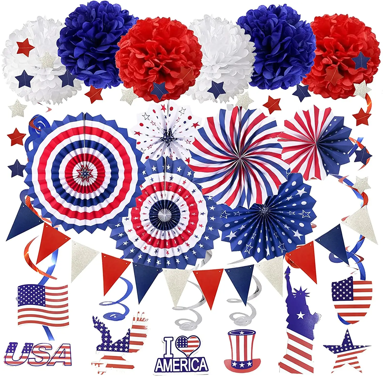 LEMON-suministros de fiesta de Estados Unidos, azul marino y rojo, abanicos de papel, pompones, estrellas, removedores, bandera de Estados Unidos, día de la independencia del Patriotc, 4 de julio