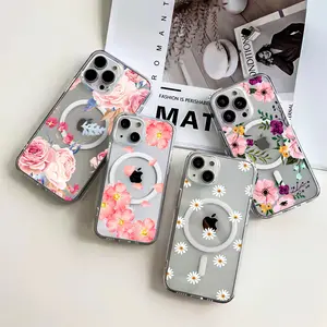 Luxus Blumen magnetische Telefonhülle für iPhone 15 14 Plus 12 13 Pro Max für Magsafe Hard PC transparente Rückenabdeckung