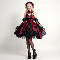 Vestido JSK Gótico Lolita Jacquard con Rosas Rojas y Negras, sin Mangas, con Tirantes, Disfraz de Cosplay de Anime, Traje para Actuación en Escenario