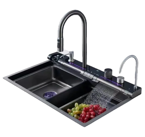 Évier de cuisine commercial moderne en acier inoxydable à cuve unique, à encastrer, multifonctionnel, avec robinet intelligent à quatre trous - Product Image 1