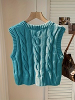 Maßgefertigte Damen-Strickweste in Blaugrün, Ärmellos mit Rundhalsausschnitt, Preppy Crop-Top, Grobstrick-Weste, Ärmellos, Kurz Geschnitten