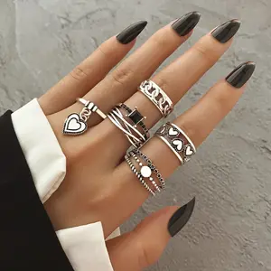 Set cincin hati untuk anak perempuan gaya antik Bohemian hati cincin dapat ditumpuk Set sendi cincin buku jari