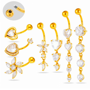 Anello per <span class=keywords><strong>ombelico</strong></span> Maina Summer Beach, ipoallergenico, placcato <span class=keywords><strong>oro</strong></span>, con zirconi multipli e pendente lungo. - Product Image 1