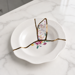 Assiette en porcelaine blanche style Kintsugi, réparation dorée, motif floral, pour l'hôtellerie - Product Image 2