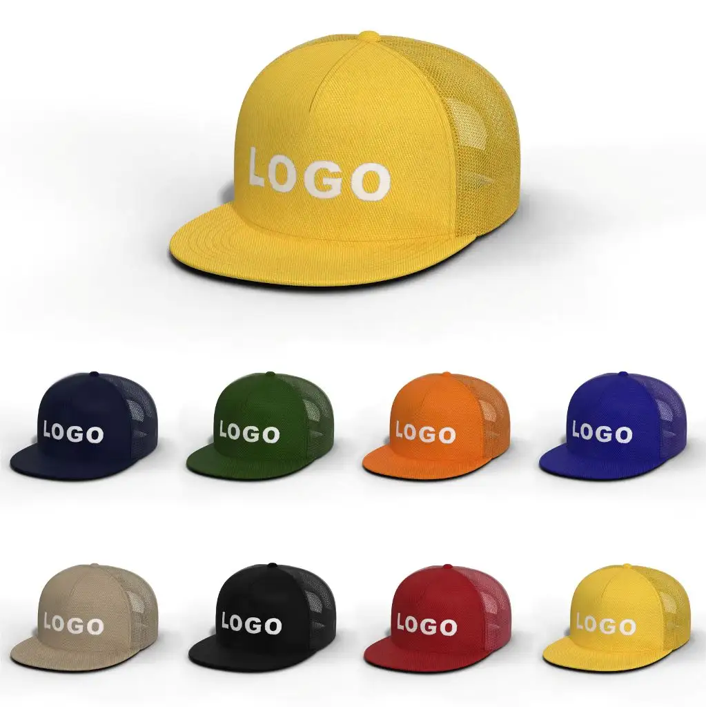 OEM Wholesale Flat Brim 5 Panels Classic Cotton Twill Mesh Back Snapback hats caps Custom With Your Embroidery Logo for Unisex