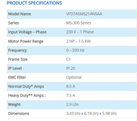 Variateur de fréquence Delta MS300 Compact VFD 1,5 kW monophasé, compatible moteurs IM et PM, avec RS485 Modbus et frein intégré