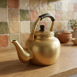Bouilloire à thé vintage en métal avec couvercle et poignée, couleur dorée, pour la préparation du thé - Product Image 2