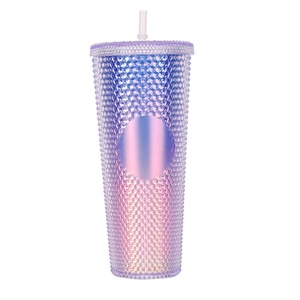 16oz/24oz customized plastic coffee cups double walled starbuckes studded tumbler with straw