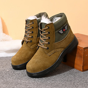 Bottes d'hiver chaudes en cuir de vachette et laine, doublées polaire, antidérapantes, chaussures de travail unisexes pour adultes, bottes de neige couleur unie à lacets avant - Product Image 3