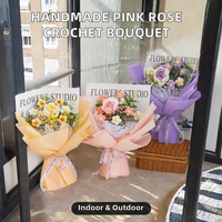 Buket Bunga Rajut Tangan Berkualitas Tinggi dari Benang Campuran Warna Pink Mawar untuk Hari Ibu, Natal, dan Hari Valentine