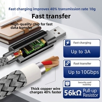 Kabel Data Hitam Keren dengan Anyaman Tembaga Murni, Pengisian Daya Super Cepat Type-C PD100W 3A, Transfer USB3.2 10Gbps untuk Ponsel Android.