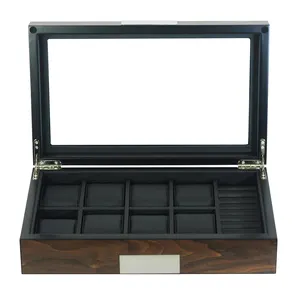 Men's Wooden Watch Box Case 8 Watches Cufflinks Organizer with Glass Top for Display & Storage Jewelry Boxes