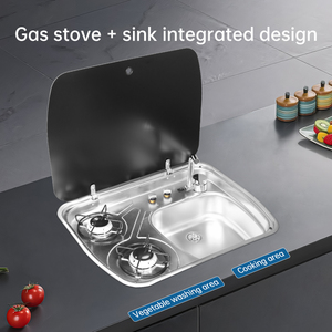 Estufa de Gas Portátil de Acero Inoxidable SUS 304 con 2 Quemadores, Fregadero, Entrada de Agua de Vidrio Templado, Plateada, para Autocaravana, Camping, Plegable - Product Image 2