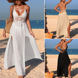 3 options de couleurs – Cache-maillot de bain en crochet personnalisé à décolleté plongeant – Tenue de plage en polyester tricoté sans dos – Robe de plage transparente - Product Image 2