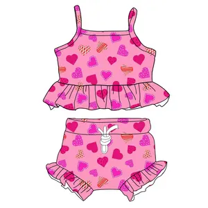 Vente en gros de haut court pour la Saint-Valentin chemise Bloomer Shorts 2 pièces ensembles de tenues d'été pour filles ensembles de salon pour enfants