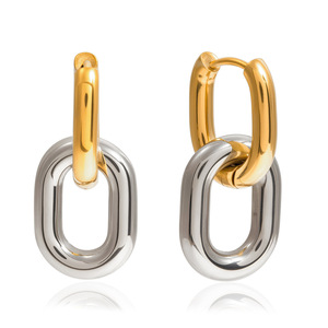 Stainless Steel Color <b>Blocked</b> Huggie Earrings Geometric U <b>Shape</b> Two Tone For Everyday Wear - Product Image 5