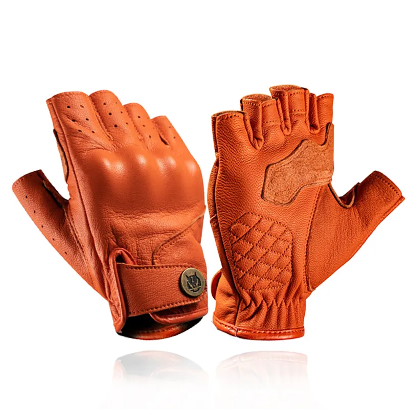 MONSTER PARK Half Finger Motorcycle Gloves Summer Perforated Breathable Fingerless Gloves Retro Genuine Leather Men Gloves