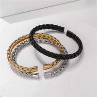 Bracelet Tressé Tendance en Acier Inoxydable, Plaqué Or 18K, Jonc Ouvert Unique Torsadé Style Vintage, Accessoire de Poignet