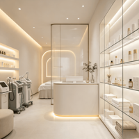 Étagères de présentation de cosmétiques de luxe avec éclairage LED, conception personnalisée pour magasins de cosmétiques et vitrines en verre, solution complète pour l'aménagement de magasins.