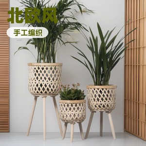 Nordic Rattan Flower <b>Pots</b> Wooden Stand Indoor Planters Manual Weaving Home Decor Minimalist Style - Product Image 1