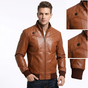 Chaqueta Bomber de Cuero Genuino para Hombre, Cuello Alto, Piel de Vacuno, Botones en los Hombros, Ribete de Punto, Clásica, Cálida para Invierno - Product Image 1