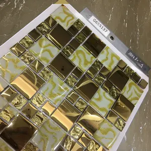Golden Square Luxury Pattern Laminated Glass Mosaic Wall Tile Foshan Supply Shinny Gold Mirror Mosaic for Bathroom Use