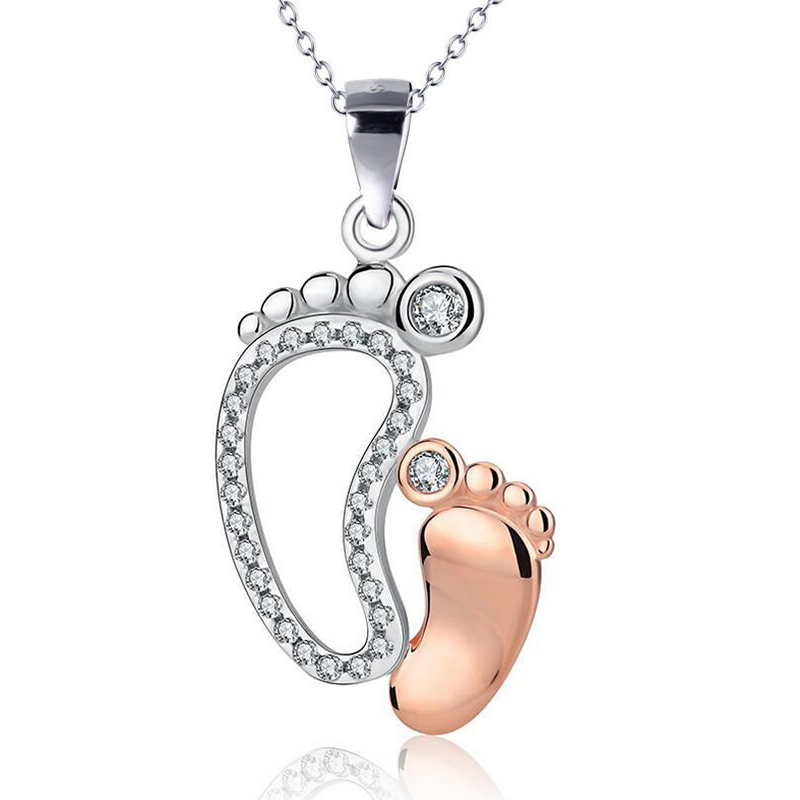 Kalung Liontin Baja Tahan Karat Kaki Kristal Zirkon, Perhiasan Kalung Rantai Warna Perak Hadiah Hari untuk Bayi Anak Ibu