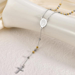 Collana Rosario Cattolico da Donna in Acciaio Inossidabile Placcato Oro con Crocifisso di Gesù e Croce della Vergine Maria, alla Moda Cristiana - Product Image 3