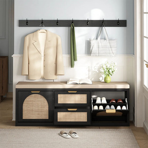 <span class=keywords><strong>Mueble</strong></span> de Madera y Ratán para Zapatos con Banco y <span class=keywords><strong>Perchero</strong></span> Integrado, <span class=keywords><strong>Mueble</strong></span> de Pasillo con Almacenamiento, Asiento y Estantes para Zapatos - Product Image 2