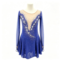 Robe de patinage et de danse bleu roi, col en V, manches longues en maille nude, dos profond en V orné de strass, pour enfants et adultes, compétition et performance
