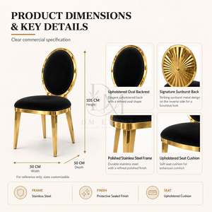 Silla de Acero Inoxidable con Respaldo Tapizado en Negro y Dorado, con Respaldo en Forma de Rayos de Sol, para Recepciones de Bodas, Alquiler de Hoteles y Banquetes al por Mayor - Product Image 5