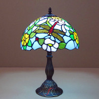 Vente en gros et directe de lampe de table LED de 12 pouces style libellule avec abat-jour en verre mosaïque coloré pour église