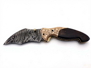 Cuchillo de bolsillo plegable con mango de acero de Damasco OEM personalizado, hoja recta con punta caída, hecho a mano, para caza, camping, supervivencia y uso general. - Product Image 4