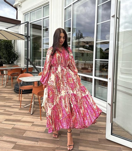 Abito Lungo Floreale da Donna con Scollo a O, Maniche Lunghe in Chiffon, Casual, Elegante, per Feste, Primavera Estate, Taglie Forti, Ingrosso OEM ODM - Product Image 1