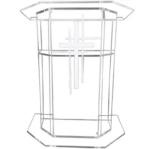 Church Pulpit Designs Acrylic Clear Podium Church Pulpit with Christian Church Cross Easy assemble Stand Up Lectern