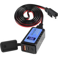 Chargeur moto 12V SAE vers double USB-C et charge rapide QC3.0, avec affichage numérique et interrupteur marche/arrêt