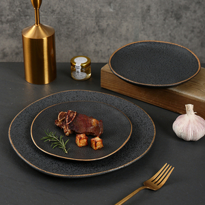 Bán buôn hiện đại kết cấu độc đáo đồ đá vàng đen rim tấm gốm và bát đặt bữa ăn tối sang trọng tấm bộ đồ ăn - Product Image 4
