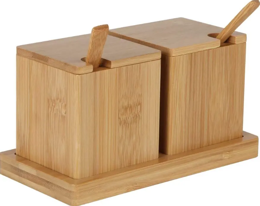 Kitchen Bamboo Salt Box With Spoon And Storage Tray Wooden Salt Spice Box